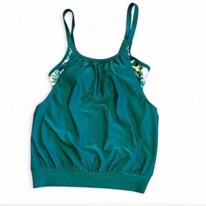 Sporty Athletic Tankini Top Green W/ Floral Accents. S